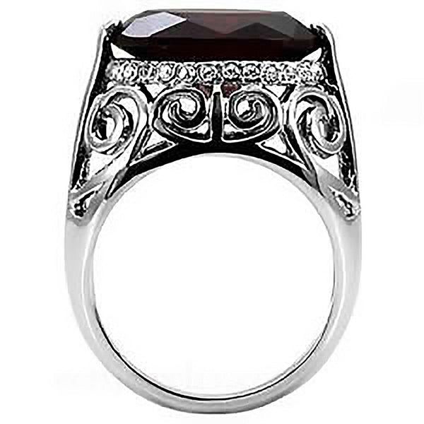 Baroness - Stainless Steel Open Scrollwork Oval Garnet Cubic Zirconia Cocktail Ring