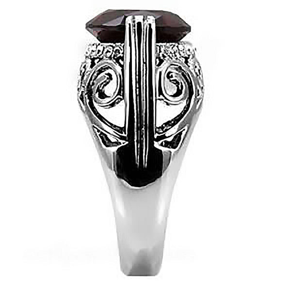 Baroness - Stainless Steel Open Scrollwork Oval Garnet Cubic Zirconia Cocktail Ring