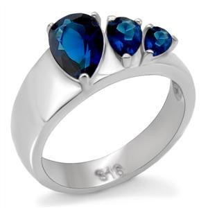 Soothing Trio–Blue sapphire pear cut cubic zirconia trio set in a wide stainless steel band