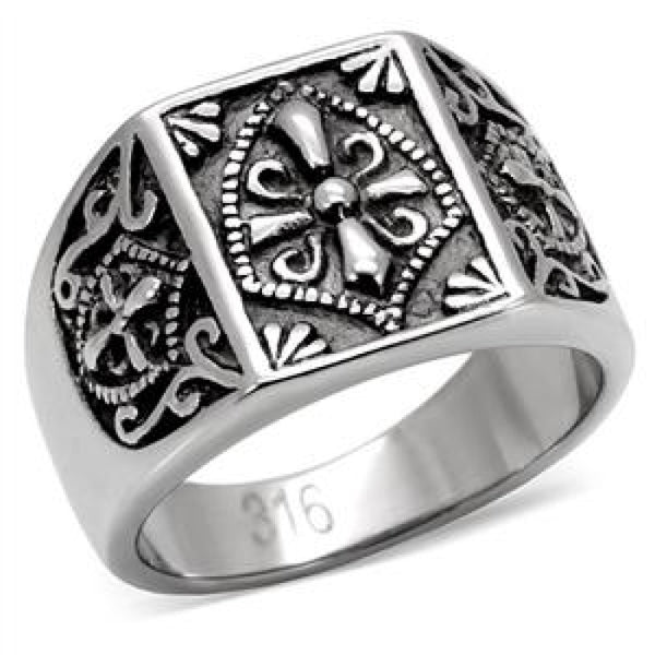 Tribute - Coat of arms signet style antiqued silver stainless steel ring