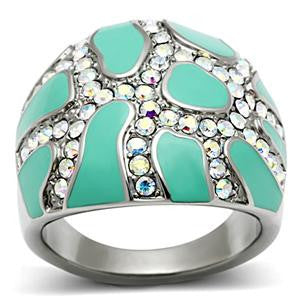 River Run - Artistic Strength Of Craftsmanship Stainless Steel Aurora Borealis Crystals Turquoise Epoxy Inlays Comfort Fit Ring