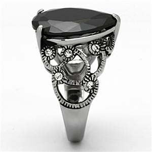 Mystique– Ornate Open Scrollwork Black Pear-Shaped Cubic Zirconia Stainless Steel Cocktail Ring