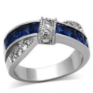 Blue Ribbon - Cross over style blue glass white cubic zirconia stainless steel ring