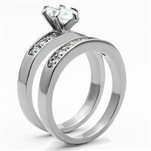 The Marchesa– White Marquise-Cut Solitaire with Cubic Zirconia Studded Band Wedding Ring Set in Stainless Steel