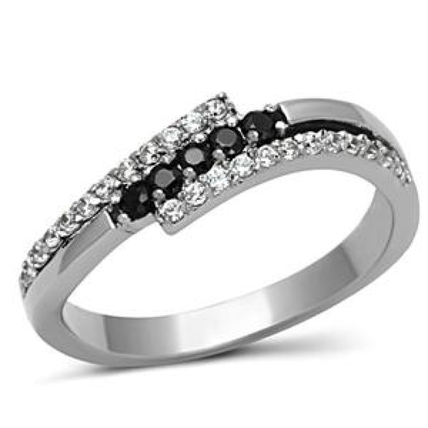 Celestial - Tri-split band multiple CZ black and white diamond-cut stones silver stainless steel ring