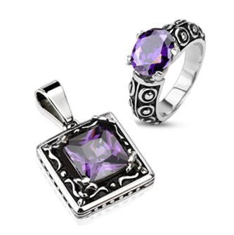 Deep Violet Pendant and Ring Set - Classic Style Black and Stainless Steel Pendant and Ring Set with Violet Cubic Zirconias R-10030+P-10024