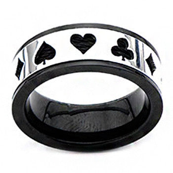 No Limit – Clubs hearts spades diamonds cut-out black cable stainless steel men’s ring