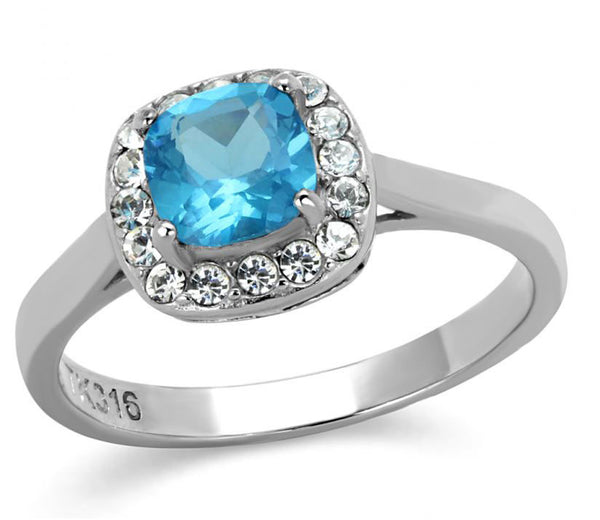 Juliet - Aqua color cushion cut stone surrounded by cubic zirconia stones set in stainless steel