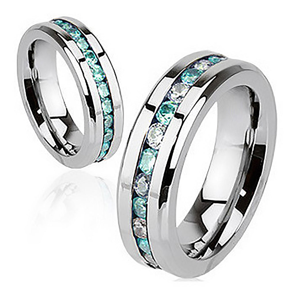 Aqua Paragon - Glowing Stainless Steel Ring with Embedded Aquamarine and Crystal Cubic Zirconias