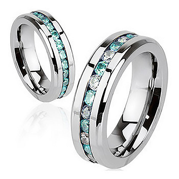 Aqua Paragon - Glowing Stainless Steel Ring with Embedded Aquamarine and Crystal Cubic Zirconias
