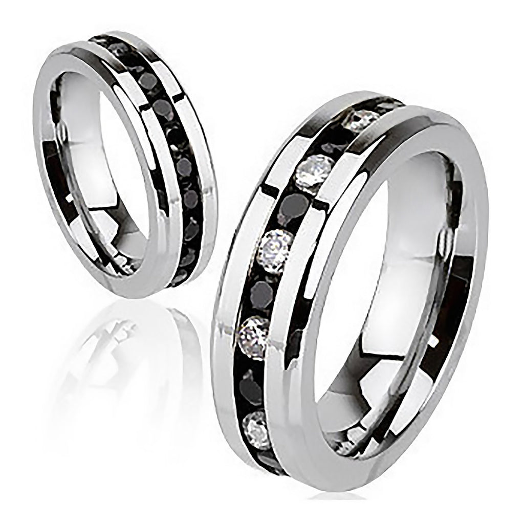 Black Paragon - Embedded Glittering Black and Clear Cubic Zirconias Polished Stainless Steel Ring