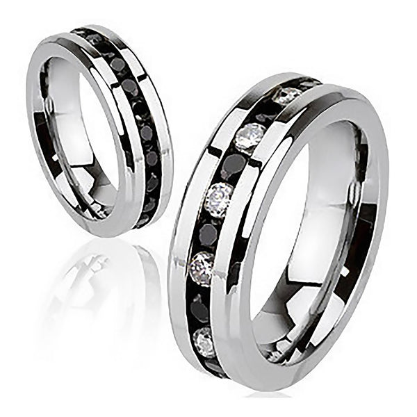 Black Paragon - Embedded Glittering Black and Clear Cubic Zirconias Polished Stainless Steel Ring