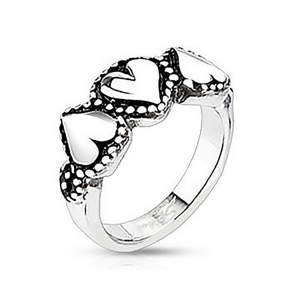 Affection - Stainless Steel Triple Heart Ring With Etching