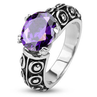 Deep Violet Ring - Classic Style Black and Stainless Steel Ring with Violet Cubic Zirconia