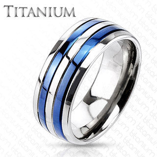 True Blue Titanium - Dual Blue Bands Beautifully Crafted Blue Titanium Comfort-Fit Ring