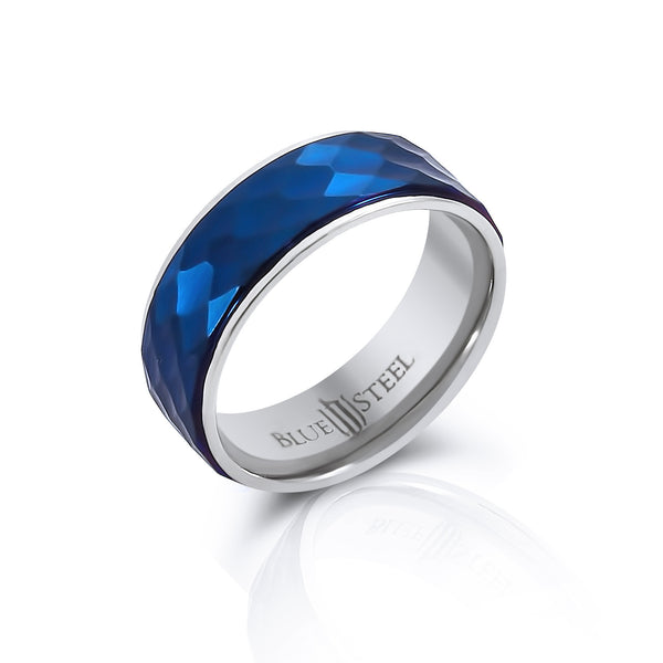 Chicago Blues – Multi-faceted blue IP and silver stainless steel men’s ring