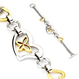 Hearts and Butterflies - Natural Beauties Hearts and Butterfly Golden and Stainless Steel Bracelet