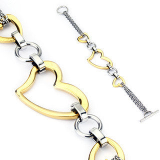 Heartbeat - Triple Hearts Classy Design Gold and Stainless Steel Elegant Style Bracelet