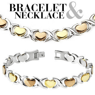 Hearts & Kisses Set - Gold and Rose Gold Tri-Color Stainless Steel Classic Set Of Bracelet and Necklace N-10028 and B-10057