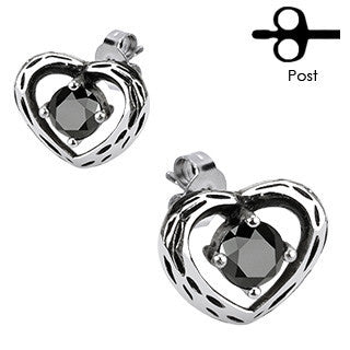 Darklight - Antiqued Hearts and Gems Stainless Steel Classy Design Earrings