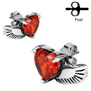 Wings of Love - Winged Red Cubic Zirconias Earrings Stainless Steel Simple Yet Elegant!