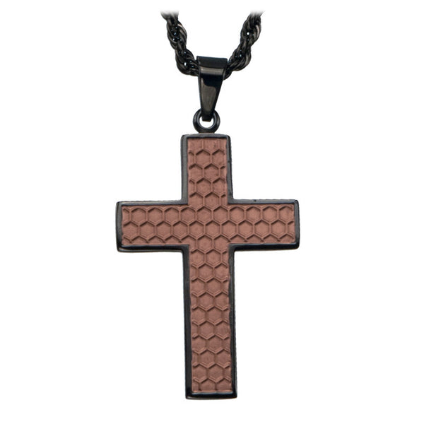 Cappuccino Cross - Stainless Steel Intricate Honeycomb Pendant with Chain