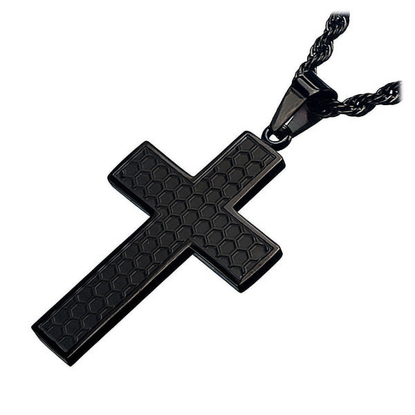 Black Grille Cross - Stainless Steel Onyx Brushed Pendant with Chain