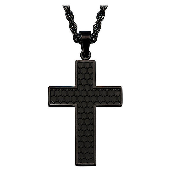 Black Grille Cross - Stainless Steel Onyx Brushed Pendant with Chain