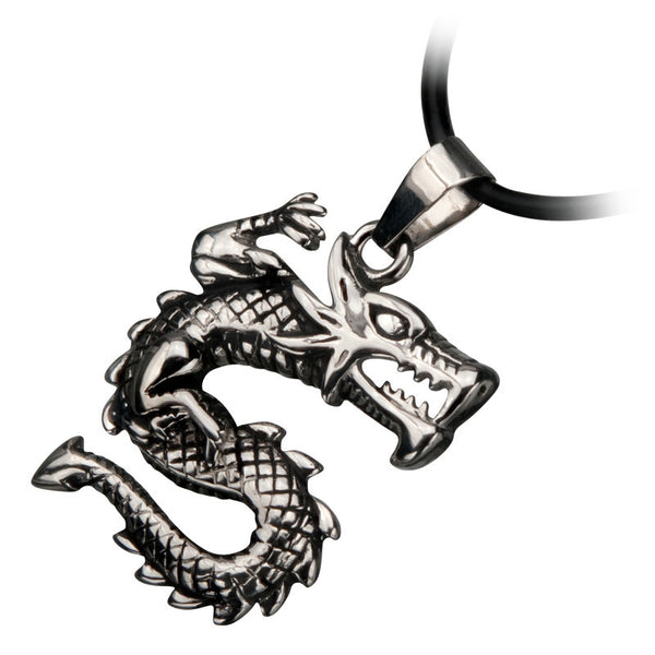 Lucky Dragon - Black oxidized silver stainless steel dragon pendant