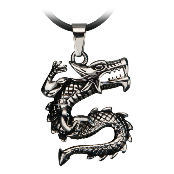 Lucky Dragon - Black oxidized silver stainless steel dragon pendant