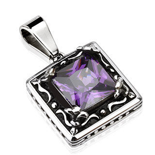 Deep Violet Pendant - Classic Style Black and Stainless Steel Pendant with Violet Cubic Zirconia