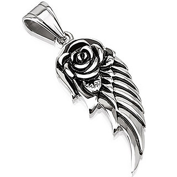 Angelic Rose Pendant - Wing and Rose Stainless Steel Antiqued Pendant