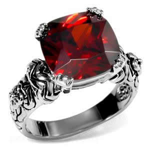 Talisman - Fine Detailed Craftsmanship Cushion-Cut Garnet Cubic Zirconia Stainless Steel Comfort-Fit Ring