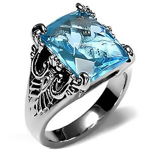 Blue Belle -  Fine Detailed Stainless Steel  Band with Blue Topaz Cubic Zirconia