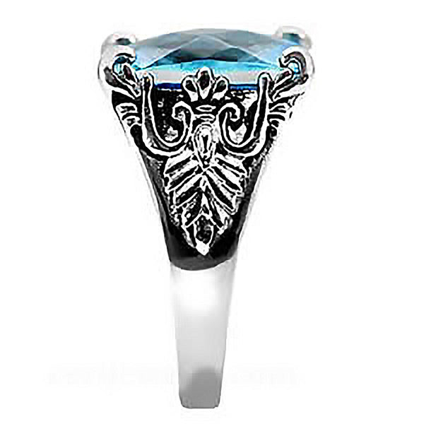 Blue Belle -  Fine Detailed Stainless Steel  Band with Blue Topaz Cubic Zirconia