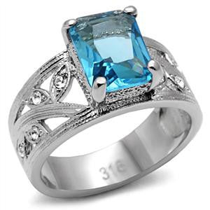 Ostara - Detailed Craftwork Stainless Steel Comfort-Fit Ring with Aquamarine and Clear Cubic Zirconias