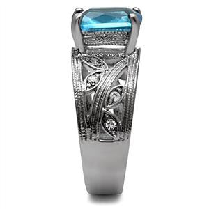 Ostara - Detailed Craftwork Stainless Steel Comfort-Fit Ring with Aquamarine and Clear Cubic Zirconias