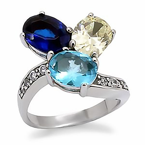 Blue Bouquet - Twisted Catchy Design Stainless Steel Wedding Band with Sapphire Aquamarine and White Cubic Zirconias