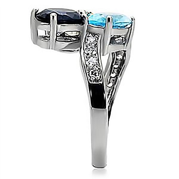 Blue Bouquet - Twisted Catchy Design Stainless Steel Wedding Band with Sapphire Aquamarine and White Cubic Zirconias