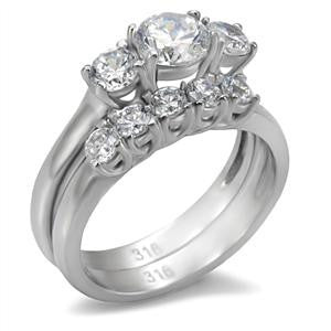 Love Honor Cherish - A Perfect Engagement Ring Of Stainless Steel with Three Cubic Zirconias and Wedding Ring with A Row Of Sparkling Cubic Zirconias