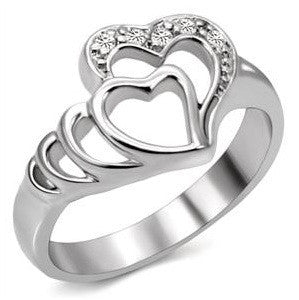 Love Me Tender - Beautiful Piece Of Craftsmanship Double Hearts Stainless Steel Ring with Cubic Zirconias